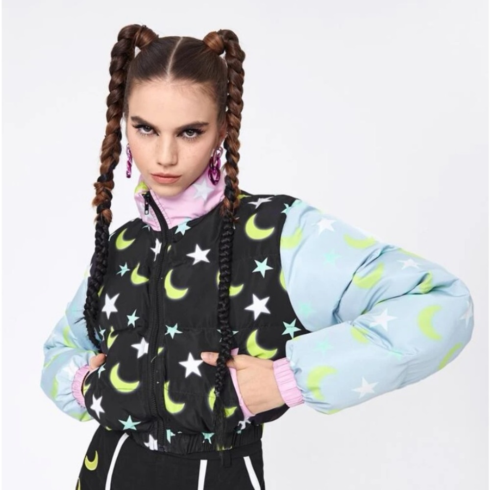 Star Moon Color-block Cropped Puffer Jacket Coat - Picture 3 of 11